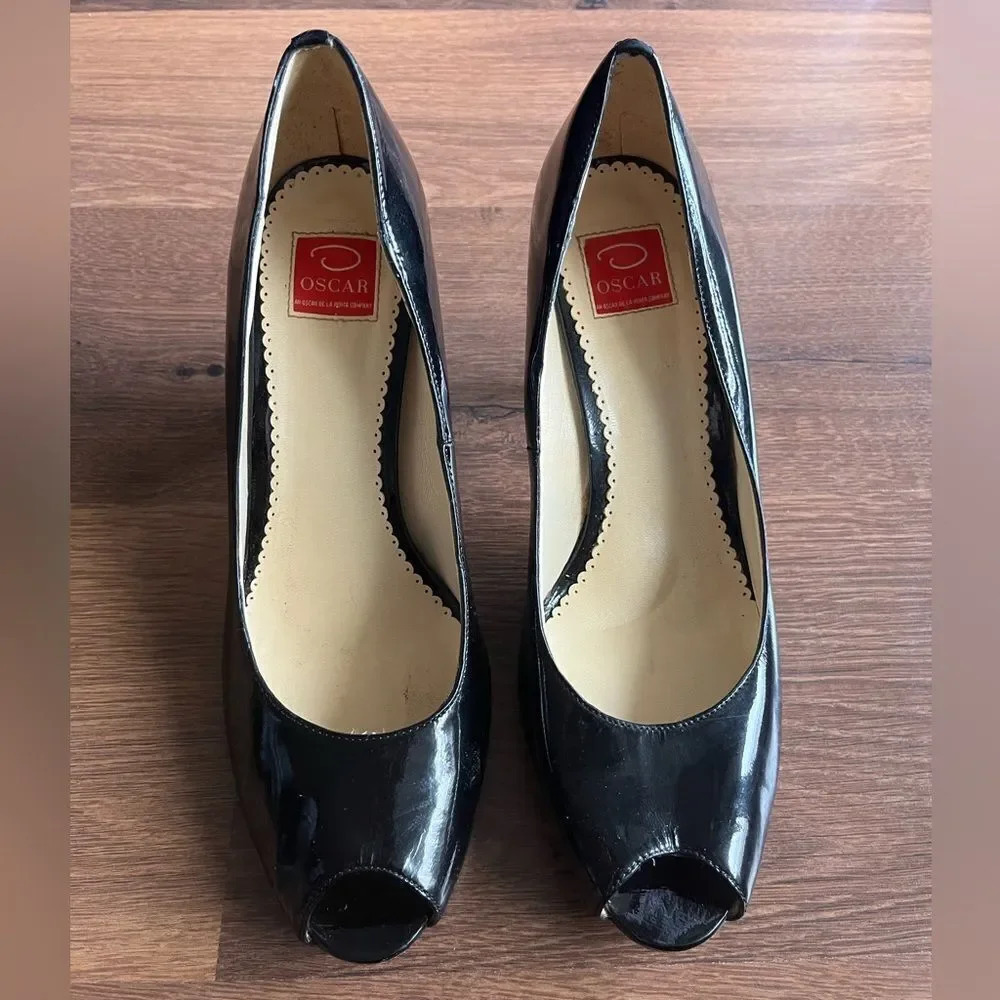 🖤 Vintage Óscar de la Renta Black Patent Peeptoe Heels 👠 - Picture 3 of 8